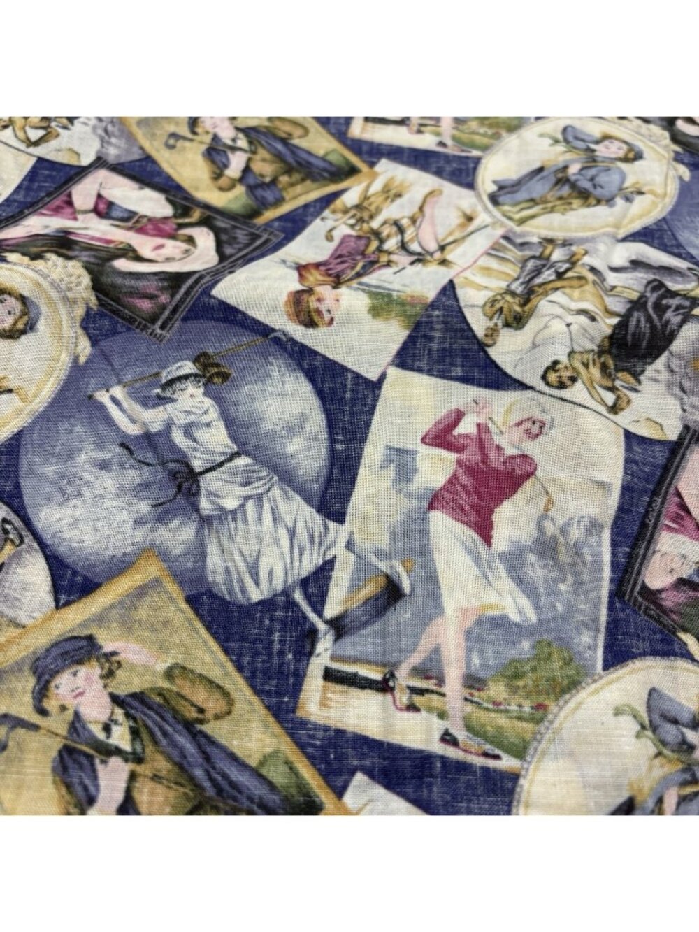 6 Yd X 44” Fabric Women Golf Flapper Vintage Blue Cotton Sewing Crafting Golfer